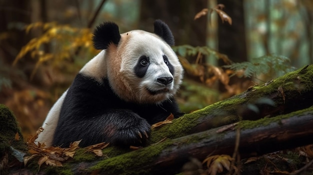 Um urso panda em uma floresta