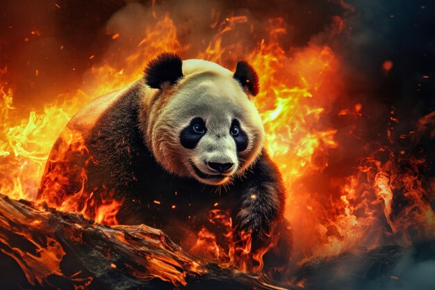Um urso panda empoleirado em cima de uma pilha de fogo escapando de um incêndio florestal destacando a questão ambiental
