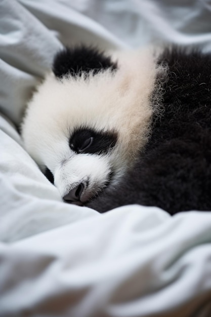um urso panda está dormindo em uma cama