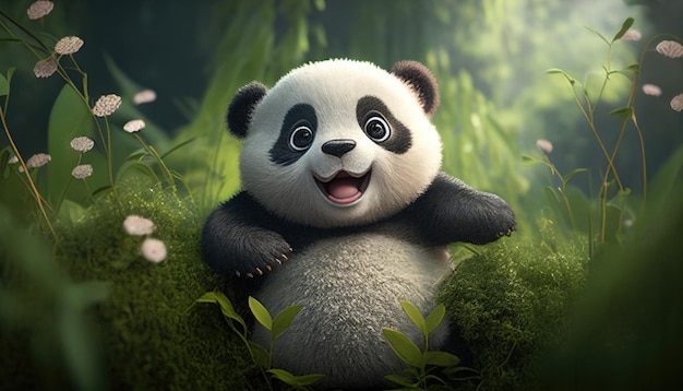 Um urso panda está em uma cena de selva.