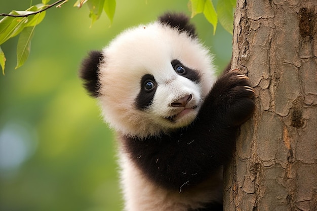 Um urso panda está olhando para a câmera.
