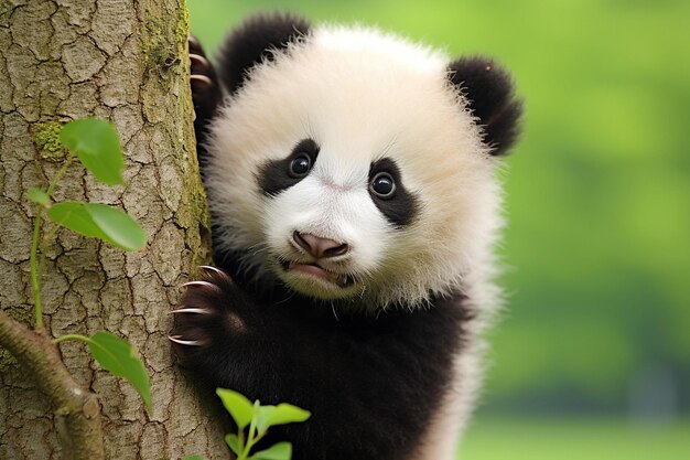 um urso panda está olhando para cima de uma árvore