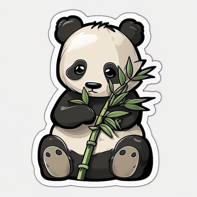 Um urso panda está sentado com um galho de bambu nas mãos.