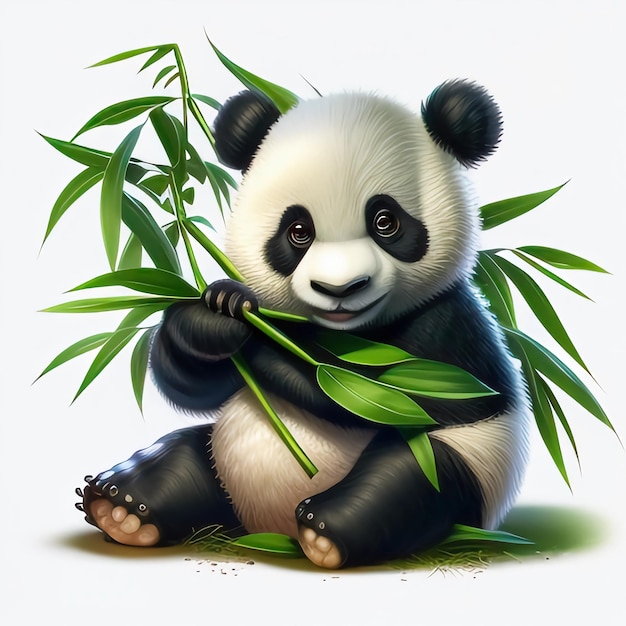 Um urso panda está sentado em um galho e segurando um bambu.