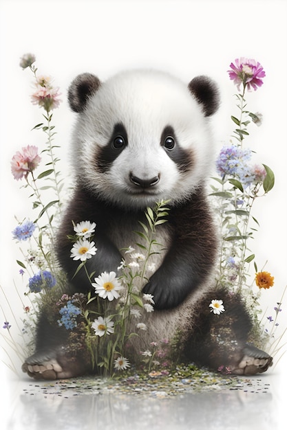 Um urso panda está sentado em um jardim de flores.