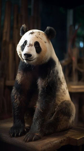 Um urso panda está sentado em uma mesa.