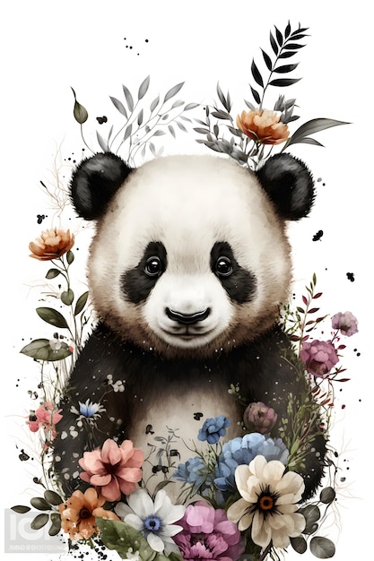 Um urso panda está sentado em uma paisagem florida