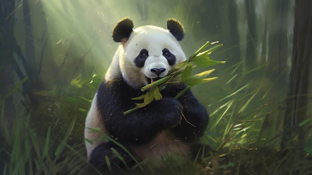 Um urso panda está sentado em uma vara de bambu