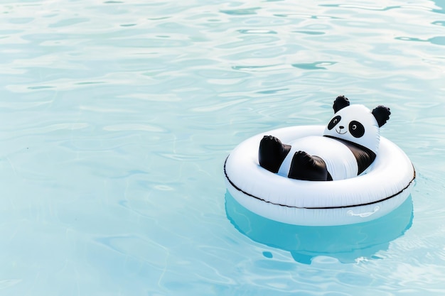 Um urso panda flutua tranquilamente em uma jangada inflável em uma piscina, desfrutando de um dia relaxante na água