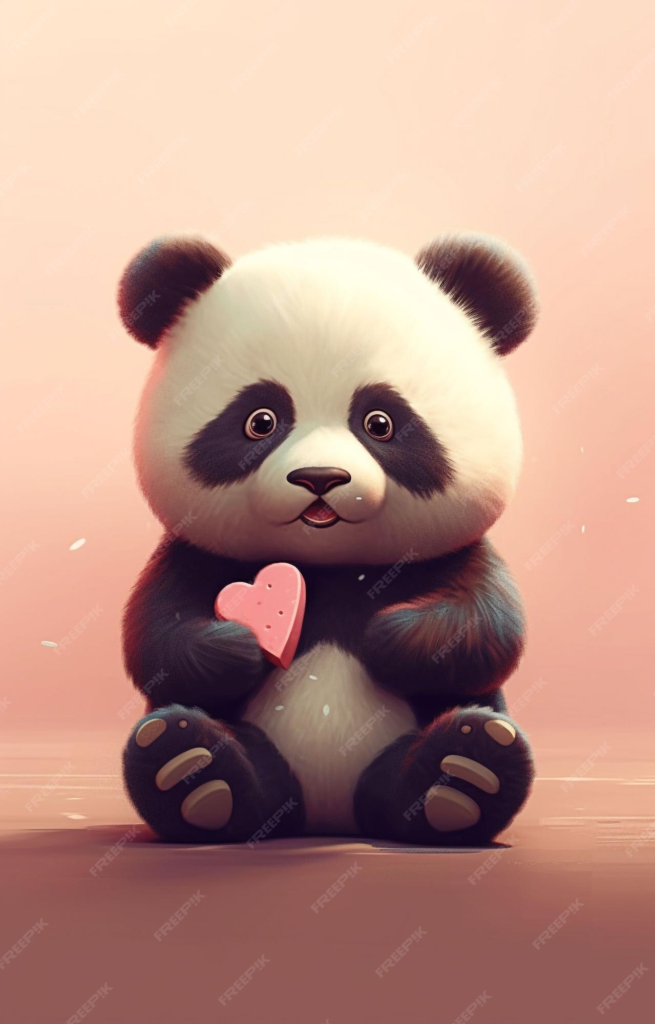 Desenho de urso panda fofo segurando coração de animal kawaii