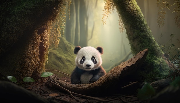 Um urso panda senta-se em uma floresta com um tronco de árvore.