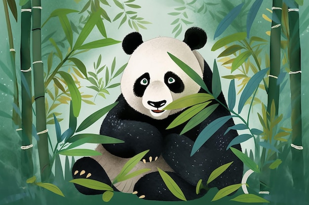 Um urso panda senta-se em uma floresta de bambu.