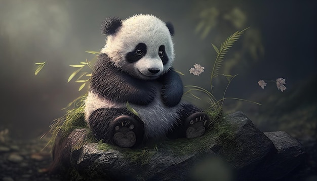 Um urso panda senta-se em uma rocha em uma floresta.