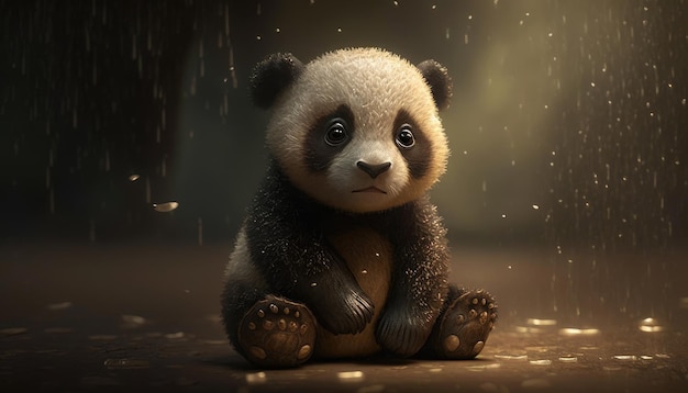 Um urso panda senta-se na chuva