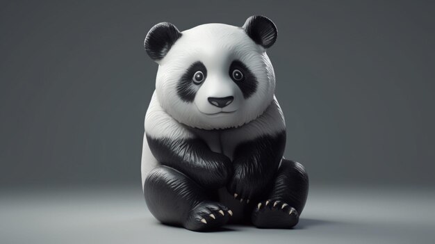 Um urso panda senta-se sobre um fundo cinza.