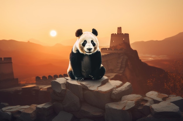 Um urso panda sentado em cima de uma pilha de pedras Imagem generativa de IA