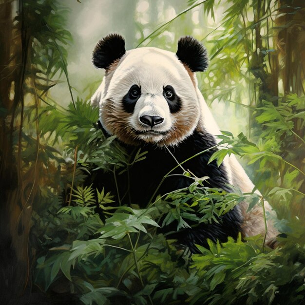 Um urso panda solitário sentado em meio a um exuberante bosque de bambu na floresta