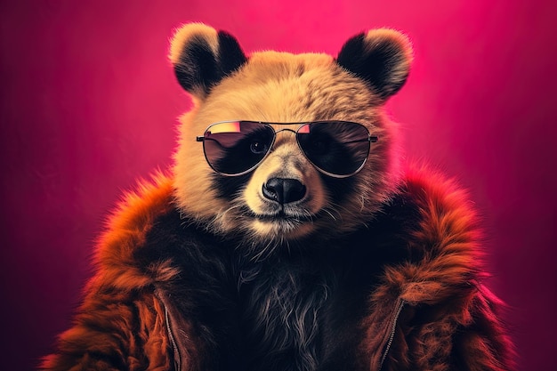 um urso panda usando óculos escuros com fundo vermelho