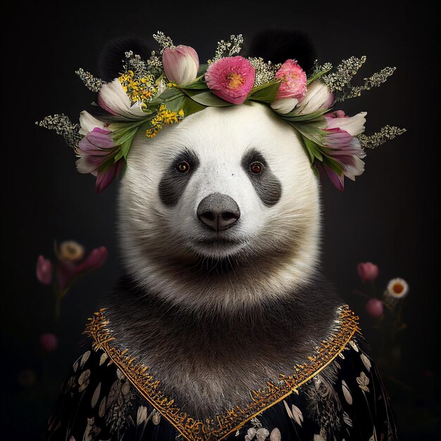 Um urso panda usando uma coroa com flores na cabeça.