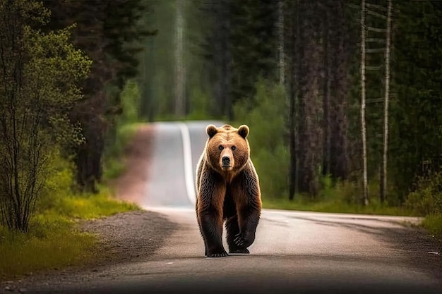 Foto um urso pardo atravessando a estrada ia generativa