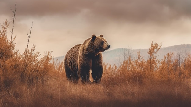 Um urso pardo caminha por um campo