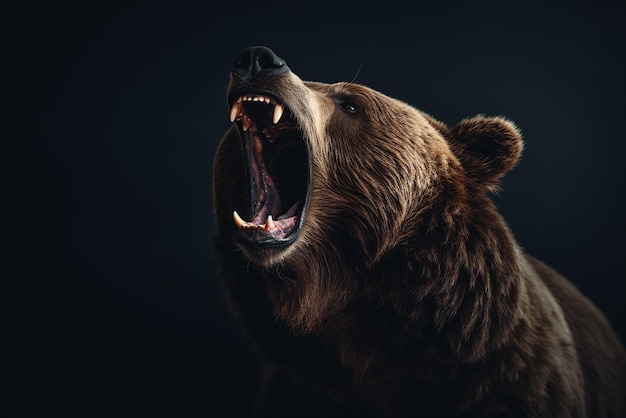 Um urso pardo com a boca aberta sobre um fundo preto