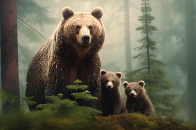 Um urso pardo com seus filhotes em uma floresta nublada gerada por IA