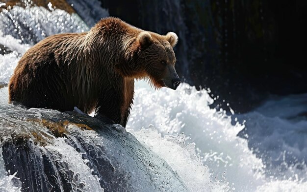 Foto um urso-pardo de pé na borda de uma cachoeira em cascata