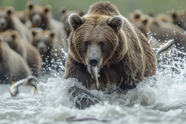 Um urso pardo está a pescar no rio a caçar.