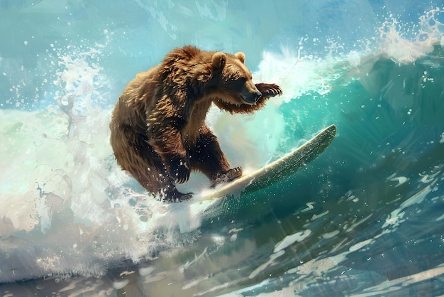 Foto um urso-pardo literalmente surfando na água