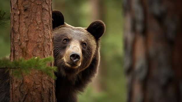 Um urso pardo olha por trás de uma árvore