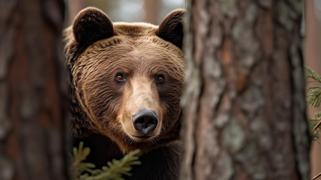 Um urso pardo olha por trás de uma árvore