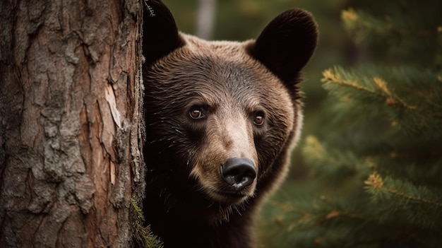 Um urso pardo olha por trás de uma árvore.