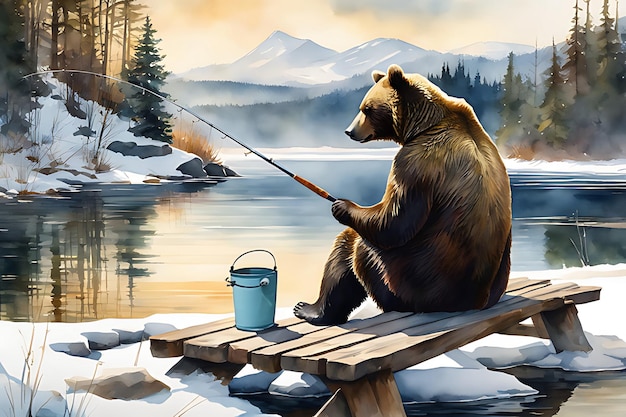 Um urso pescando com uma vara de pescar no inverno Pintura em aquarela