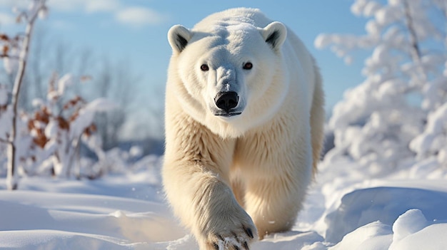 um urso polar branco caminhando através de um fundo de campo coberto de neve