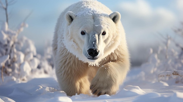 um urso polar branco caminhando através de um fundo de campo coberto de neve