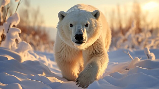 um urso polar branco caminhando através de um fundo de campo coberto de neve
