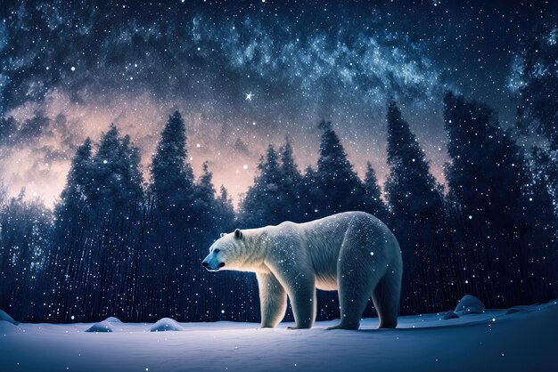 Um urso polar branco está em silhueta contra uma floresta de inverno escura e o céu noturno