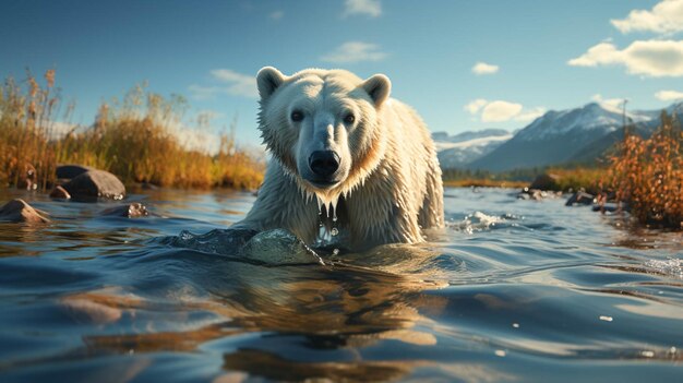 Foto um urso polar caminhando sobre o fundo da água