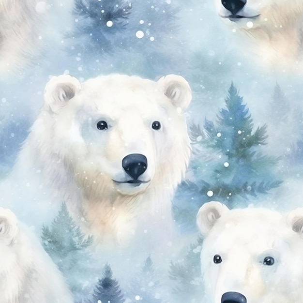 Um urso polar com um céu azul e árvores ao fundo.