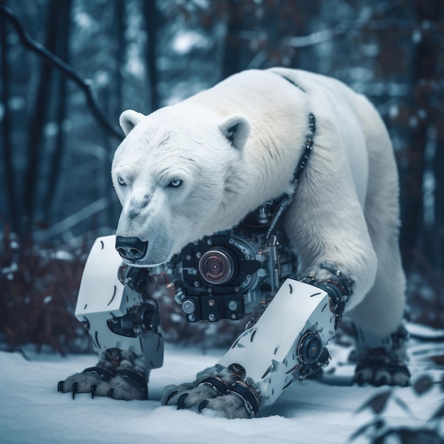 Um urso polar com um robô nas pernas está parado na neve.