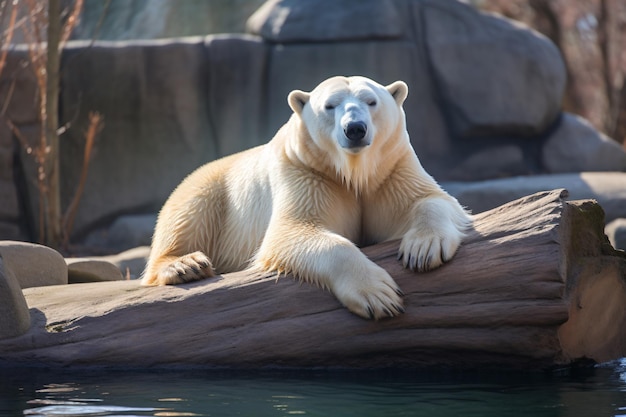 um urso polar deitado em um tronco em um zoológico