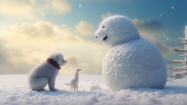 Um urso polar e um urso polar estão de pé na neve com dois pequenos ursos polares