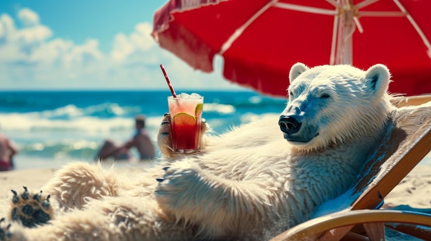 Um urso polar em roupas humanas deita-se em um banho de sol na praia em uma cadeira de sol sob um guarda-chuva de sol brilhante