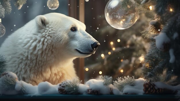 Um urso polar em um ambiente invernal em torno do Natal IA generativa