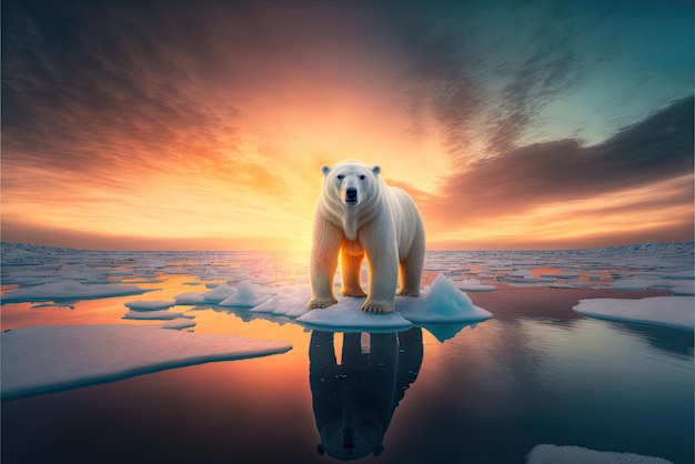 Foto um urso polar em um iceberg no oceano com icebergs flutuantes no fundo do pôr do sol icebergs flutuantes devido às mudanças climáticas e derretimento de geleiras ai generative