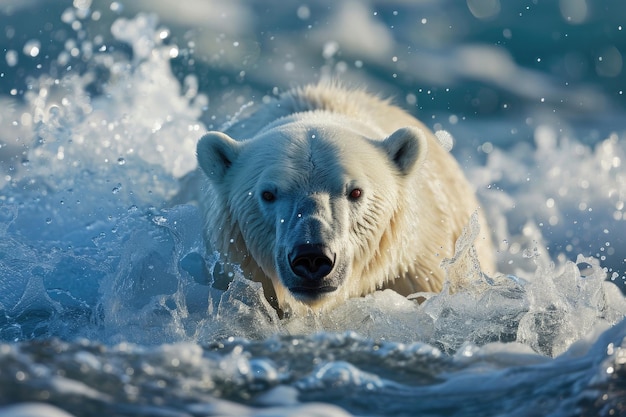 Um urso polar emergindo das águas do Ártico com um salpico
