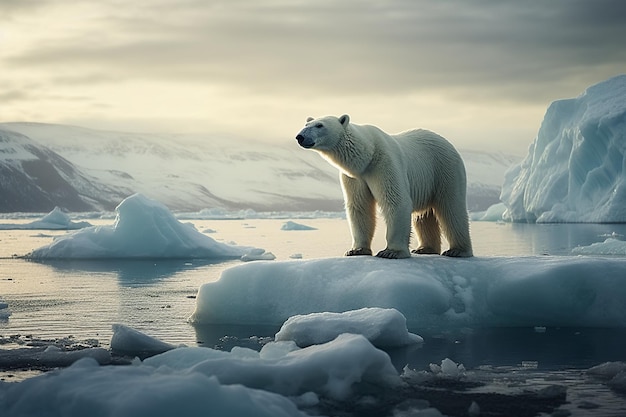 Um urso polar está em um bloco de gelo no oceano ártico.