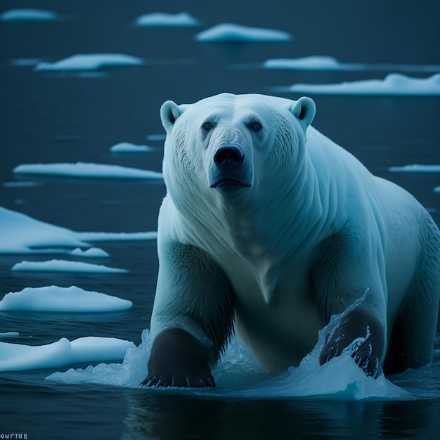 Um urso polar está parado na água e tem gelo no fundo.