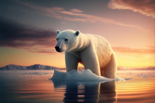 Um urso polar está parado no gelo na água.